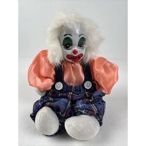 Porcelain Clown Weighted Shelf Sitter Fabric Body Painted Vintage 8 inches‎